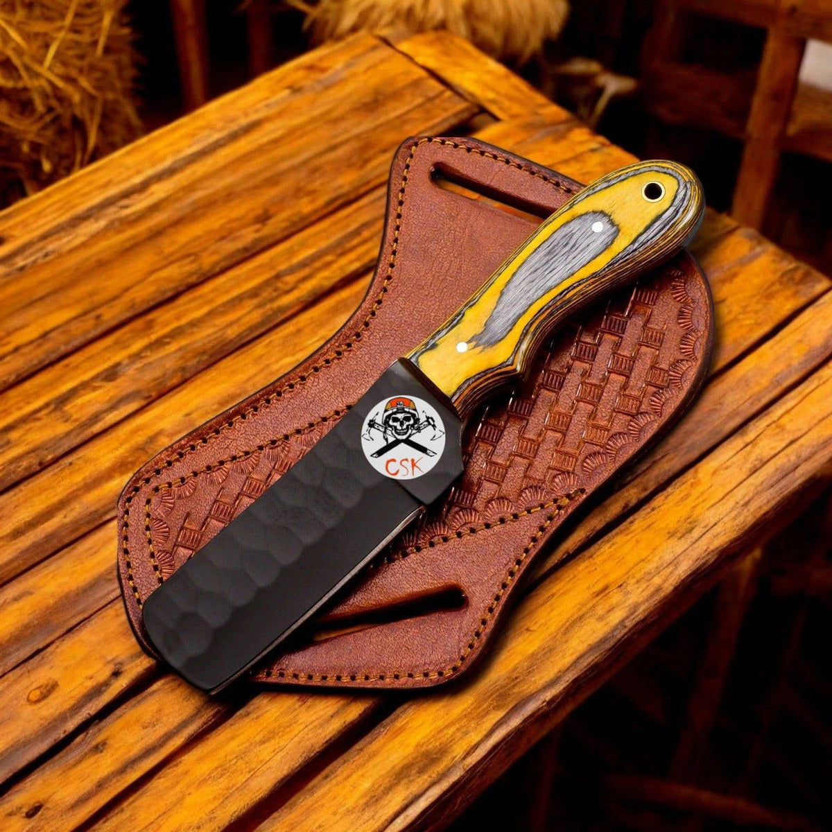 CSK Forged cowboy bull cutter knife with a pakkawood handle, ideal EDC knife for outdoor and everyday use.