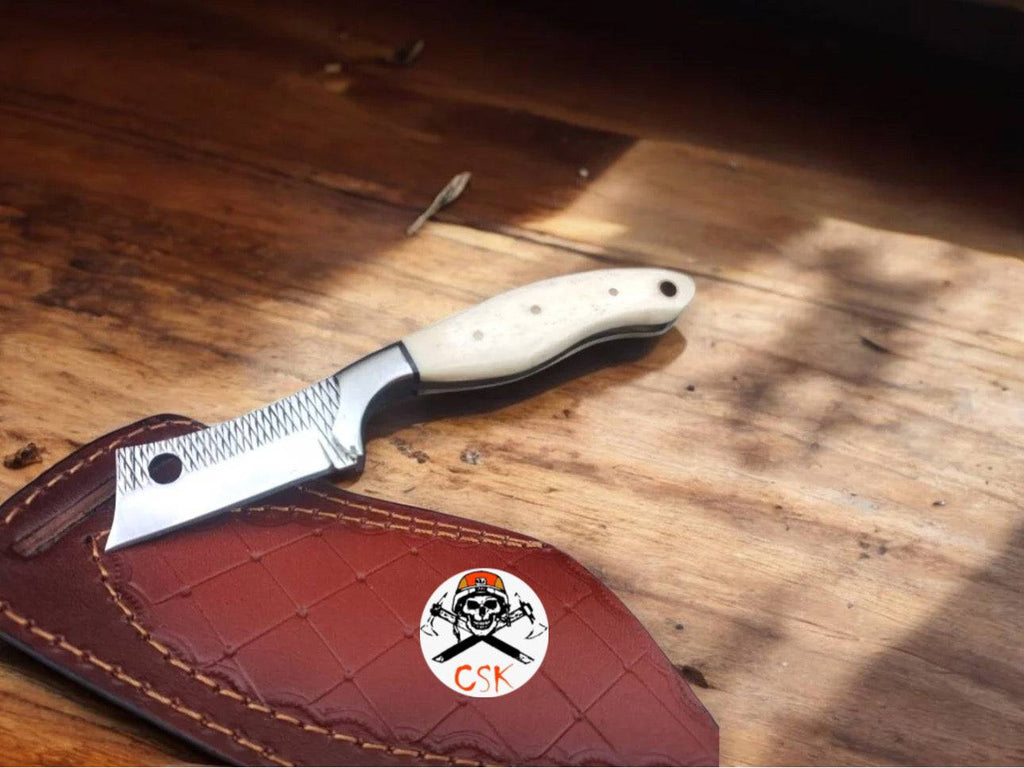 Handmade cskforged 8-inch Bull Cutter Knife with bone handle, ideal for EDC use, featuring a sturdy, handcrafted design.