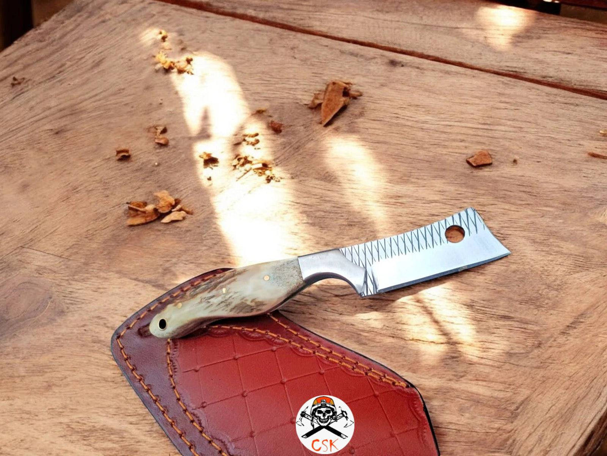 Handmade CSK Forged EDC bull cutter knife with antler horn handle, showcasing a durable, handcrafted design for everyday carry.