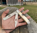 CSKforged traditional cowboy trapper pocket knife with 3.5-inch folding blade and bone handle, featuring intricate craftsmanship.