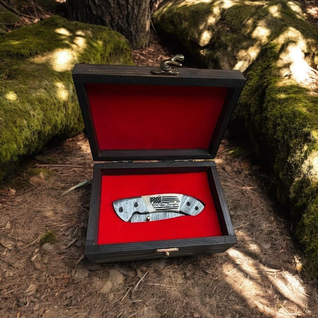 Damascus Folding Knife with Camel Bone Handle | Hand-Engraved People’s Flag | EDC Knife with Gift Box