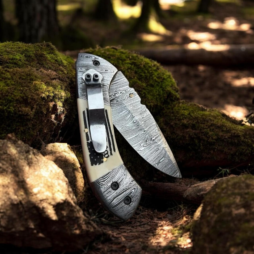 Damascus Folding Knife with Camel Bone Handle | Hand-Engraved People’s Flag | EDC Knife with Gift Box