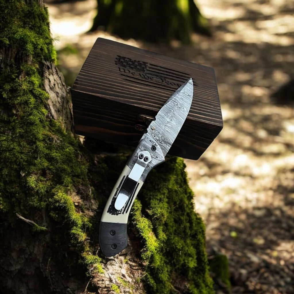 Damascus Folding Knife with Camel Bone Handle | Hand-Engraved People’s Flag | EDC Knife with Gift Box