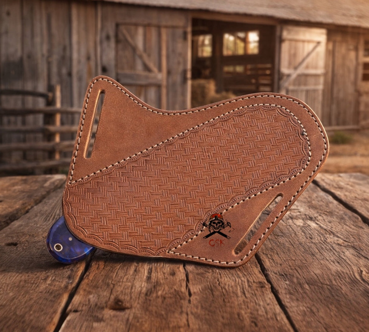 Cowboy knife with 1095 steel bullcutter blade, resin handle, and pancake sheath, crafted by cskforged.