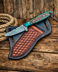 Damascus steel cowboy knife with 3.5-inch blade and pine cone handle by cskforged, featuring a rugged, handcrafted design.
