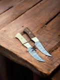 Hand-forged Damascus hunting knife set with 8-inch full tang blades, rosewood and bone handles by cskforged.