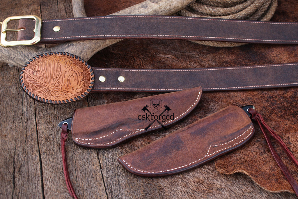 Cowboy knives from cskforged Rancher Buckaroo collection with 3-inch Damascus blades and belt sheaths, rugged outdoor tools.