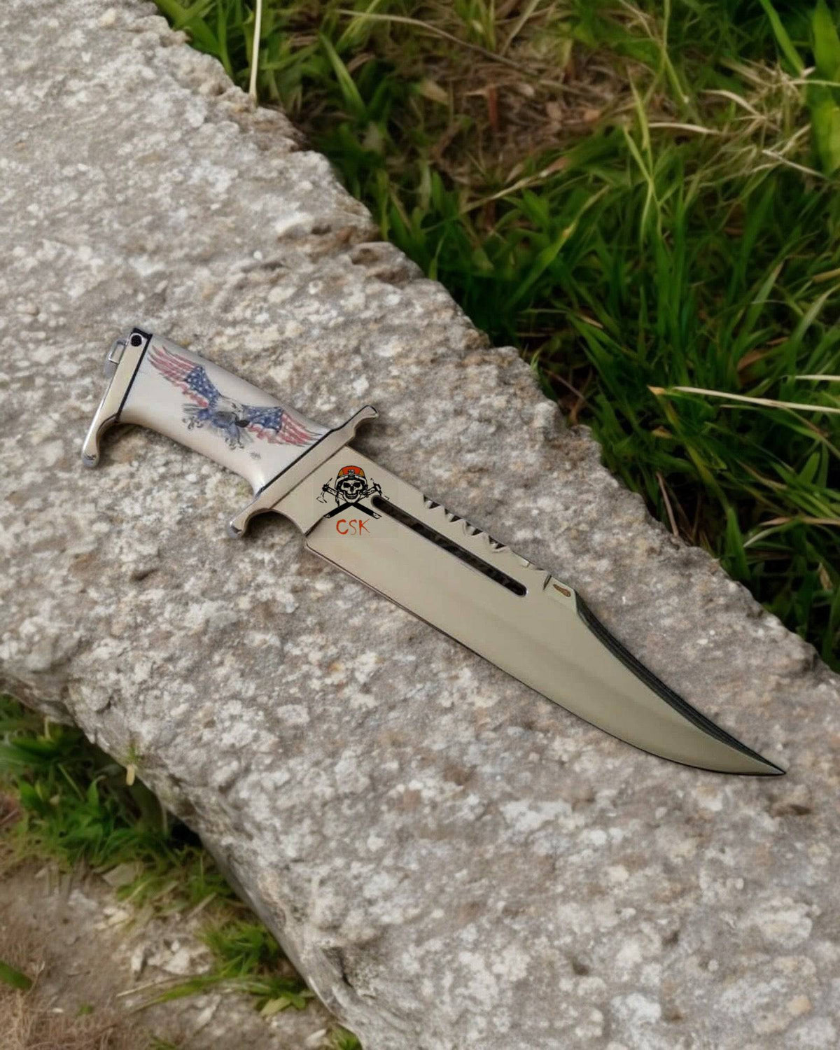 Cskforged patriotic Rambo knife with eagle handle logo and tactical blade, military-style survival knife with detailed design.