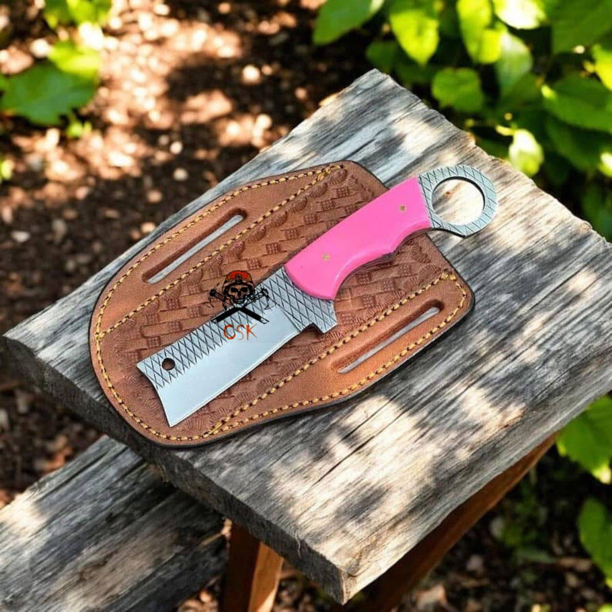 Handmade cskforged bull cutter knife with an 8-inch rasp tool steel blade, showcasing a sturdy, handcrafted cutting tool.