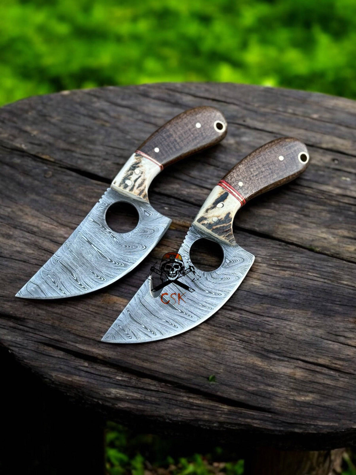 Hand-forged Damascus steel cleaver knife with finger hole from cskforged, designed for hunting and heavy-duty kitchen tasks.