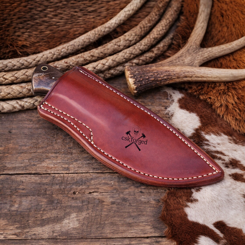 Handmade Damascus Buckaroo Ranch Knife with Buffalo Horn Handle & Leather Belt Sheath