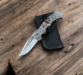 Hand-Engraved Viking Pocket Knife with Ornate Norse Design & Leather Sheath