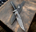 Hand-forged Damascus steel hunting knife by cskforged with full tang fixed blade and premium leather sheath.