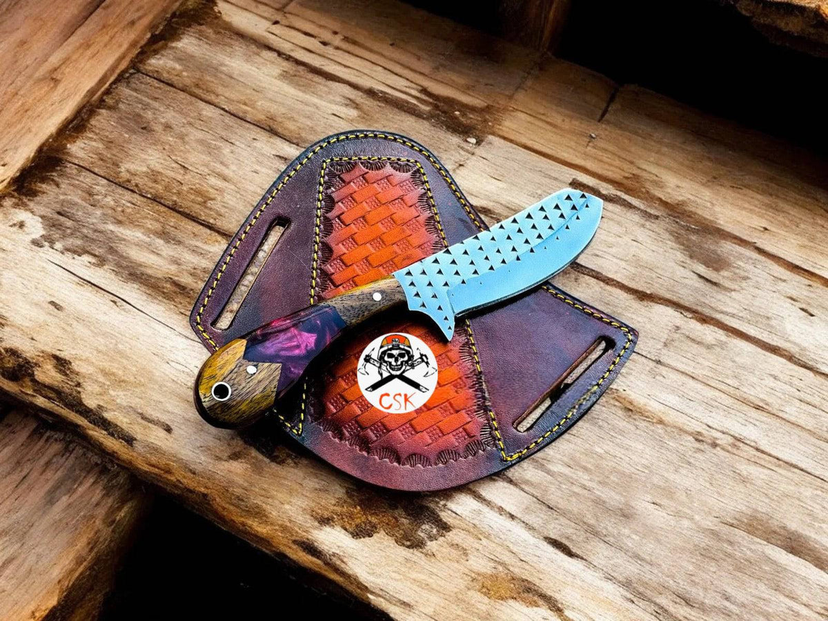 Handmade cskforged cowboy knife with rosewood and epoxy handle, EDC rasp tool for everyday carry, detailed close-up image.