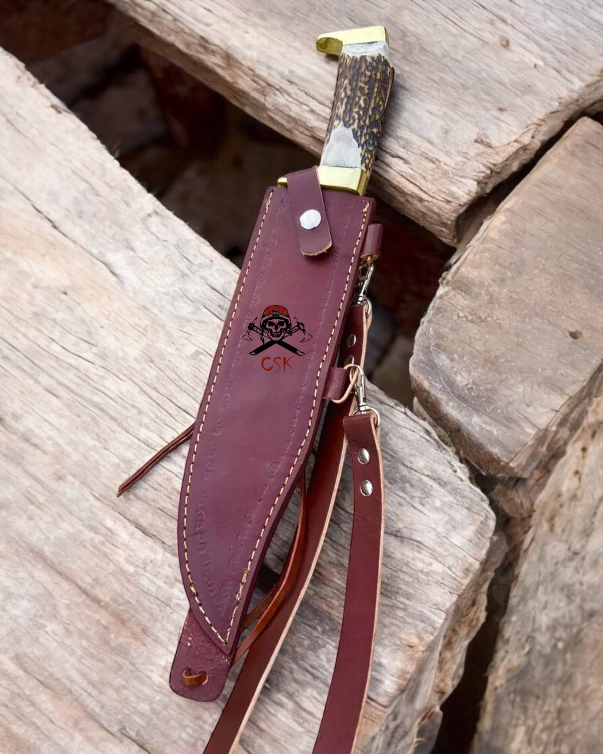 Highlander Antler Handle Knife by cskforged with a custom handmade D2 steel blade, featuring a detailed antler handle and sharp blade.