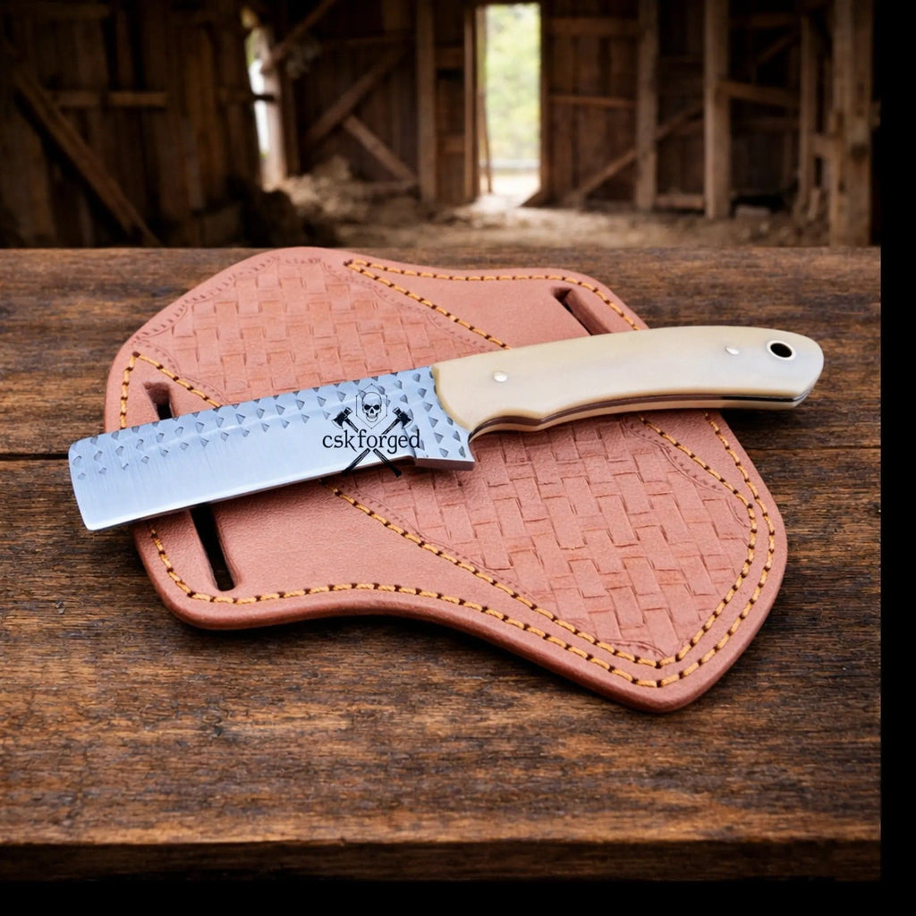 Cowboy knife with rasp steel blade, bone handle, and pancake sheath, designed by cskforged for outdoor and utility use.