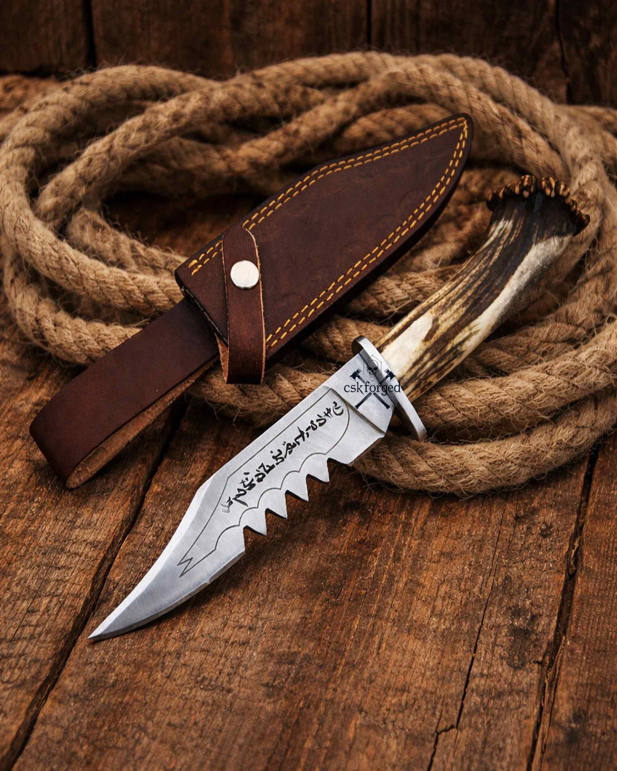 Frontier Demon Hunting Knife by cskforged with custom forged ruby blade and stag handle, ideal for survival and outdoor hunting.