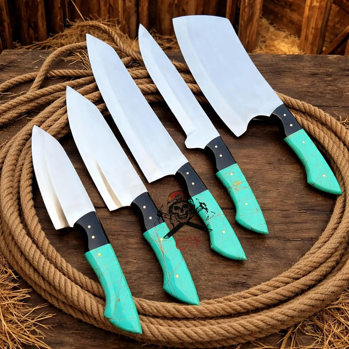 Set of five handmade fixed blade kitchen chef knives with D2 steel by cskforged, featuring ergonomic handles and sharp blades.