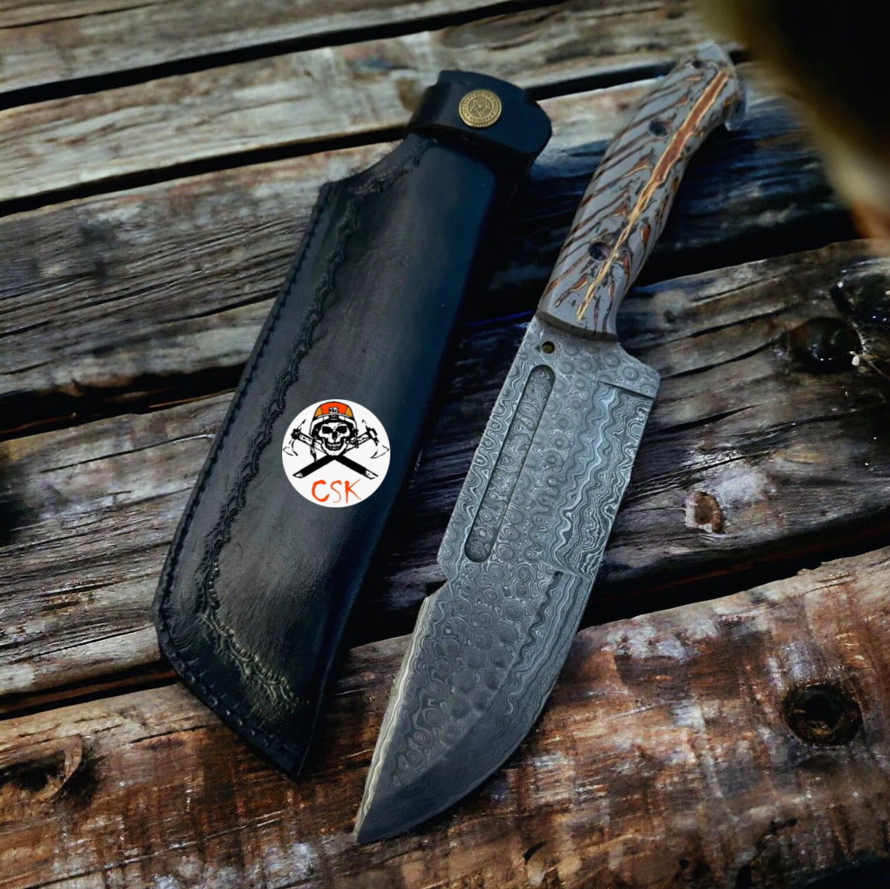 Damascus Steel Hunting & Survival Bushcraft Knife with Pine-Cone Handle