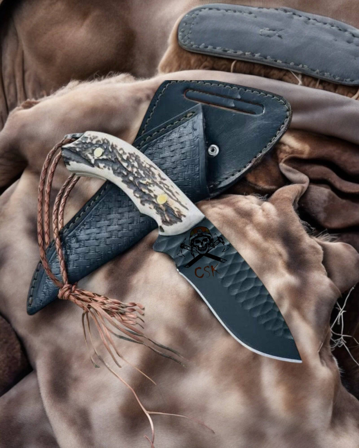 EDC country knife with antler handle and powder-coated blade by cskforged, featuring a rugged outdoor design.