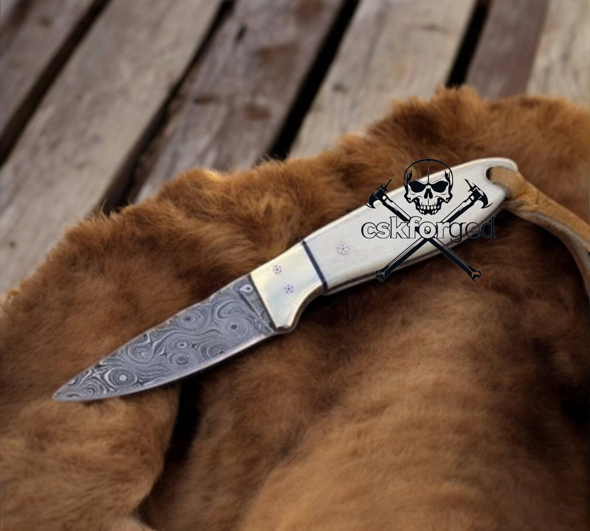 cskforged Buckaroo Bone Handle Cowboy Knife, EDC pocket knife with detailed bone handle and stainless steel blade, ready for everyday carry
