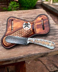 Cowboy knife for ranchers with a 4-inch Damascus steel blade and pine-cone handle, crafted by cskforged for everyday carry.