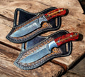 EDC cowboy belt knife sheath with a 7.5-inch Damascus blade and pine-cone resin handle by cskforged.