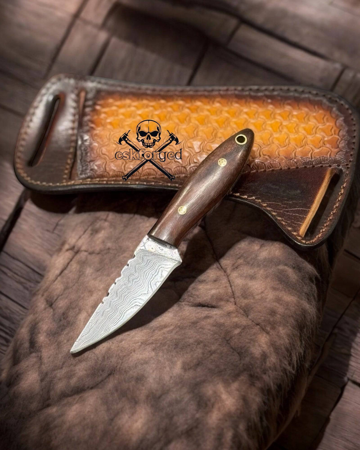 CSKforged Rose Wood Buckaroo Ranch EDC knife with Damascus steel blade, showcasing a polished wooden handle and durable craftsmanship.