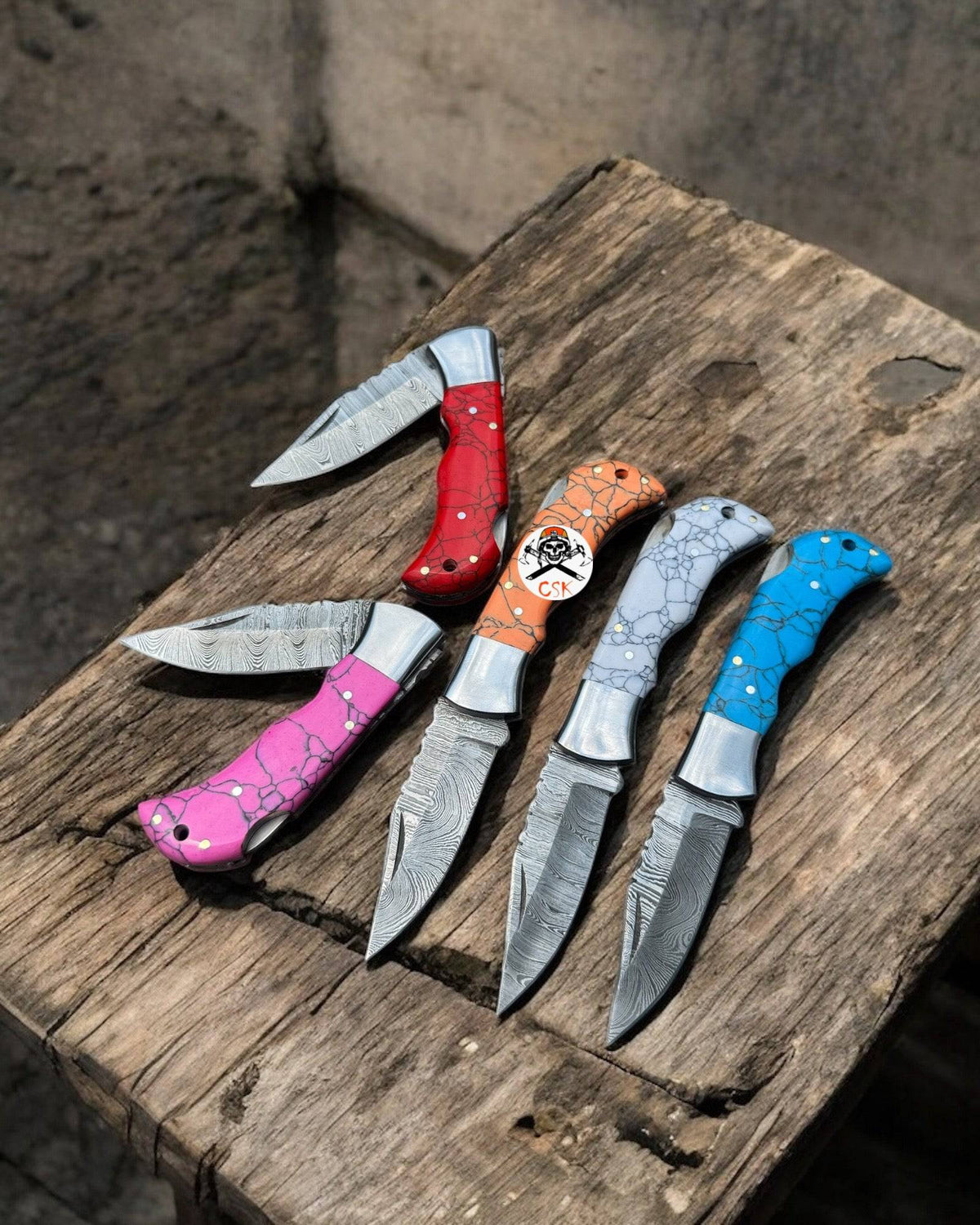 Personalized Damascus steel folding pocket knife by cskforged, featuring a custom engraved handle, ideal for Father’s Day gift.