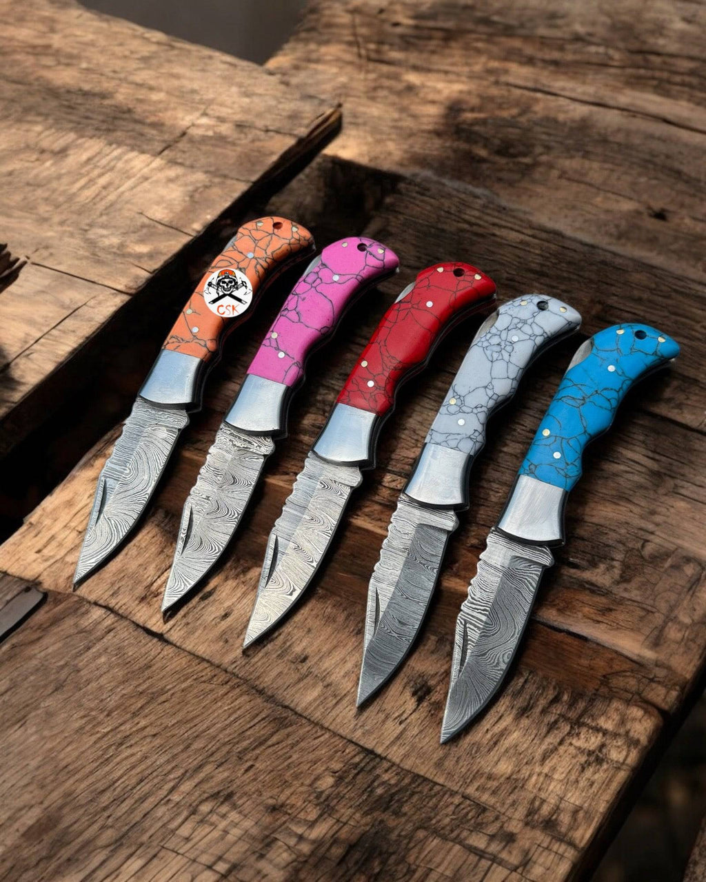 Personalized Damascus steel folding pocket knife by cskforged, featuring a custom design, ideal for Father’s Day gift.