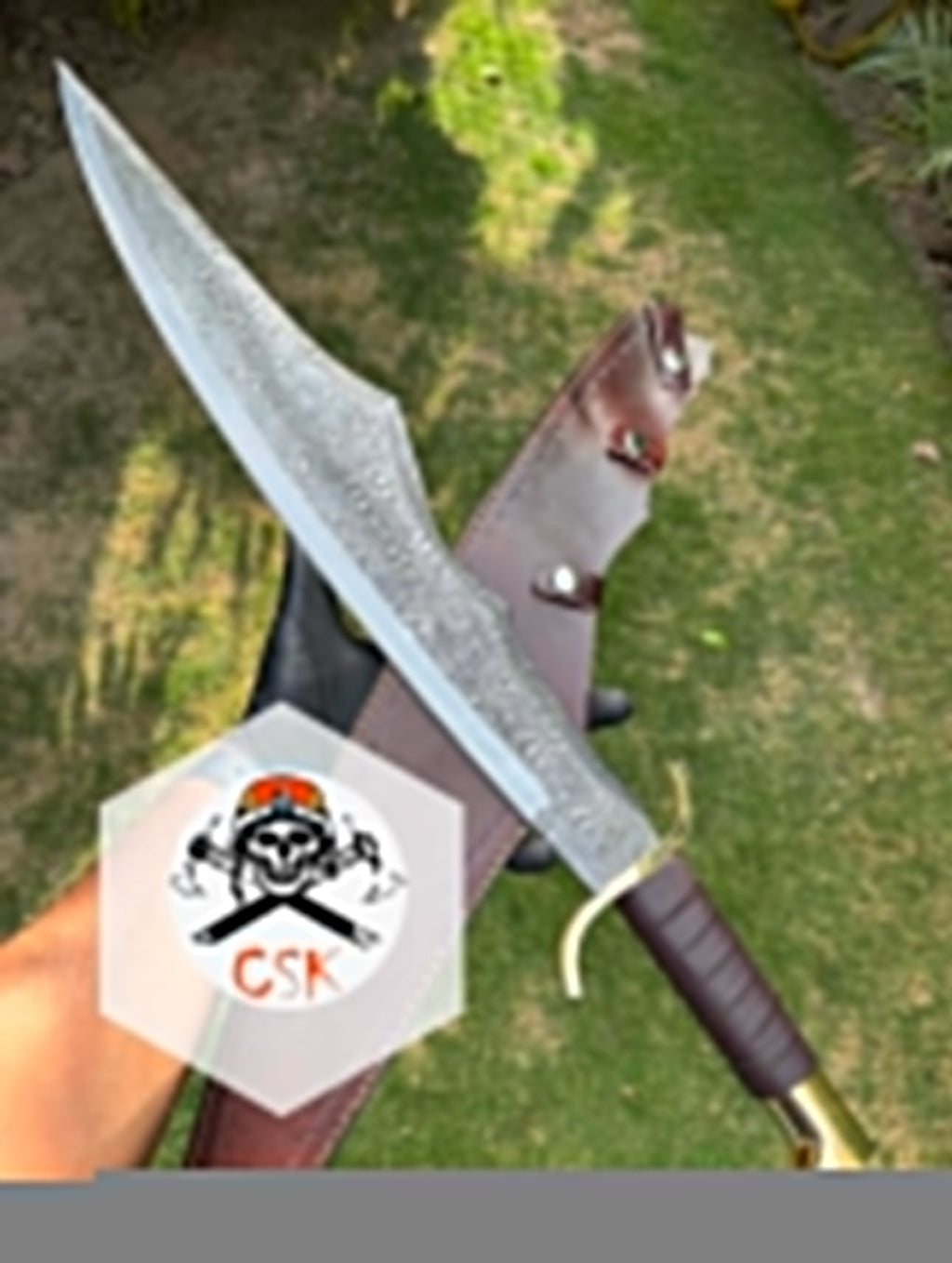 Spartan style sword with a leather-wrapped handle,Brass guard and pommel,Ornate patterned Blade