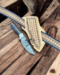 Cowboy belt knife sheath with a 7.5-inch Damascus blade and pine-cone handle, designed for EDC use by cskforged.