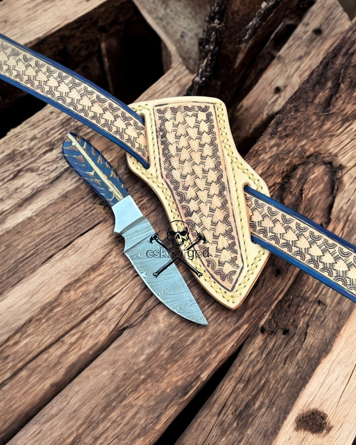 Cowboy belt knife sheath with a 7.5-inch Damascus blade and pine-cone handle, designed for EDC use by cskforged.