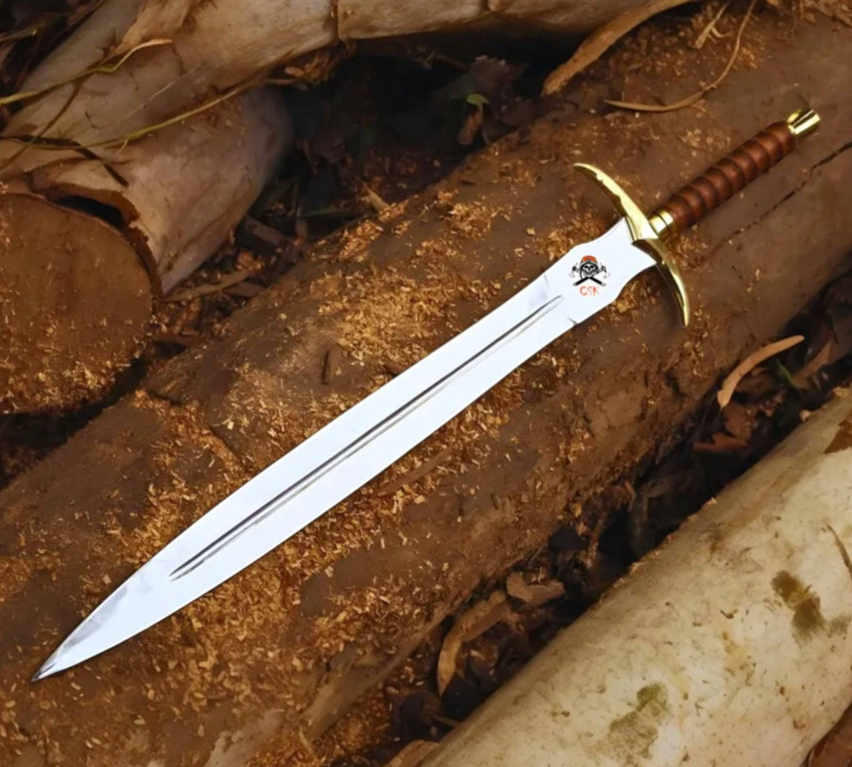 Kingslayer arming sword by cskforged with mirror polish blade, featuring a knight sword design and detailed hilt craftsmanship.