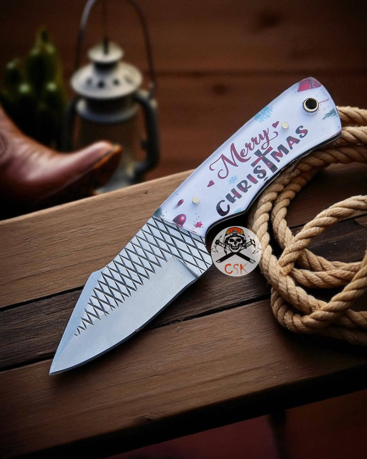 Limited release RaspEdge Christmas Blade holiday edition knife by cskforged, featuring festive holiday-themed design and high-quality craftsmanship.