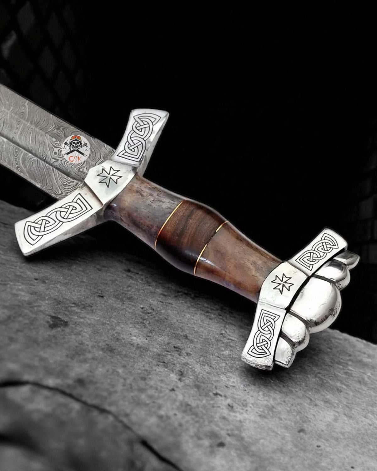 Hand-forged Valhalla Rising Damascus steel Viking knight sword by cskforged, featuring Norse-inspired design and intricate blade details.