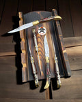 Damascus Laguiole Bougna pocket knife by cskforged with brass and exotic wood handle, folding blade, detailed craftsmanship visible.