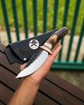 Hand-forged hunting knife with antler handle, high carbon steel blade, and leather sheath by cskforged, limited release.