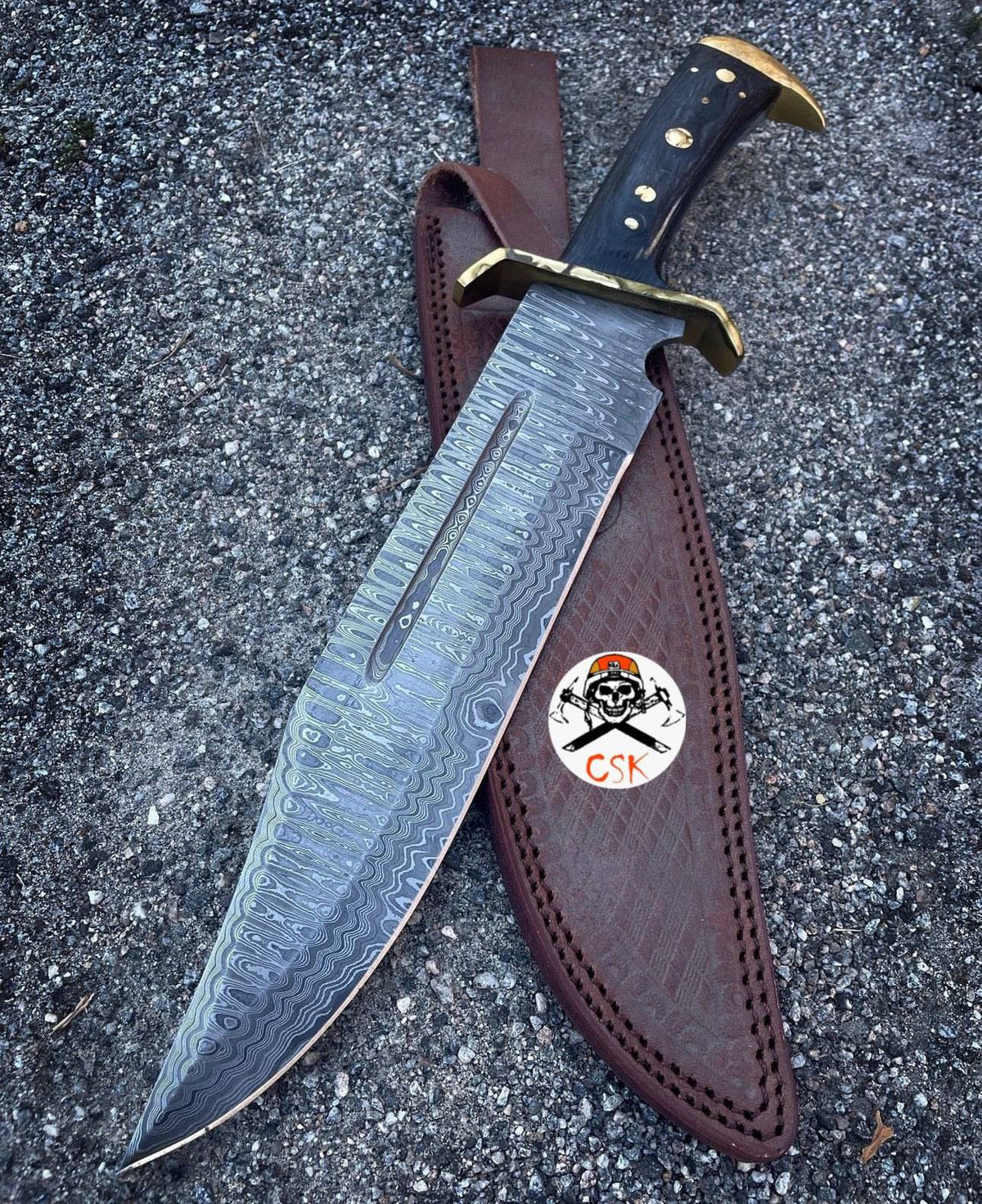Timber Rattler Western Outlaw Damascus knife by cskforged, full tang blade with intricate Damascus pattern, rugged and durable design.