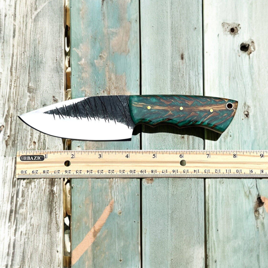 Handmade hunting knife with high carbon steel blade and pine cone handle, fixed blade design by cskforged.