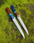 Hand-forged Damascus steel fillet knife set with custom resin handles and ultra-sharp blades from cskforged.