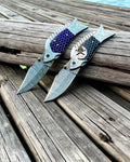 Damascus steel folding pocket knife with honeycomb handle by cskforged, 7-inch compact and durable fish-themed folding knife.