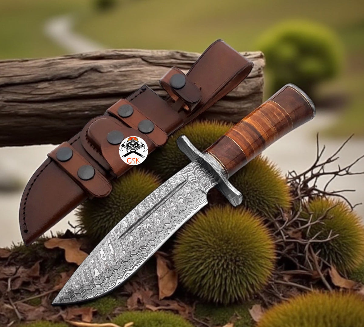 Rambo Bowie knife with exotic rosewood and stacked leather handle by cskforged, featuring a sharp blade and detailed craftsmanship.