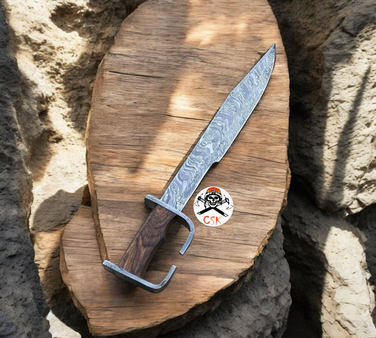 Hand-forged Spartan Damascus steel knight sword with full-tang blade, intricate patterns, and wooden handle by cskforged.