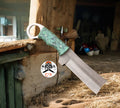 Custom handmade bull cutter knife with an 8-inch rasp steel blade by cskforged, featuring a textured handle and sturdy construction.