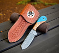 Damascus steel cross draw sheath hunting knife with 8-inch blade, wood and turquoise handle by cskforged.