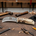 CSK Handcrafted Damascus steel hawkbill knife with stag horn handle, premium outdoor EDC blade by cskforged.