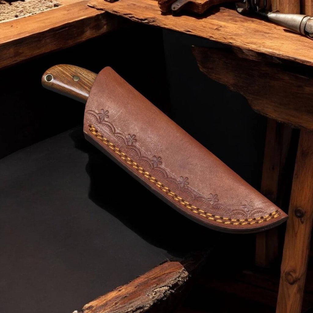 CSKforged fixed blade Tanto EDC hunting knife with leather sheath, showcasing a sleek, sharp blade and durable handle.