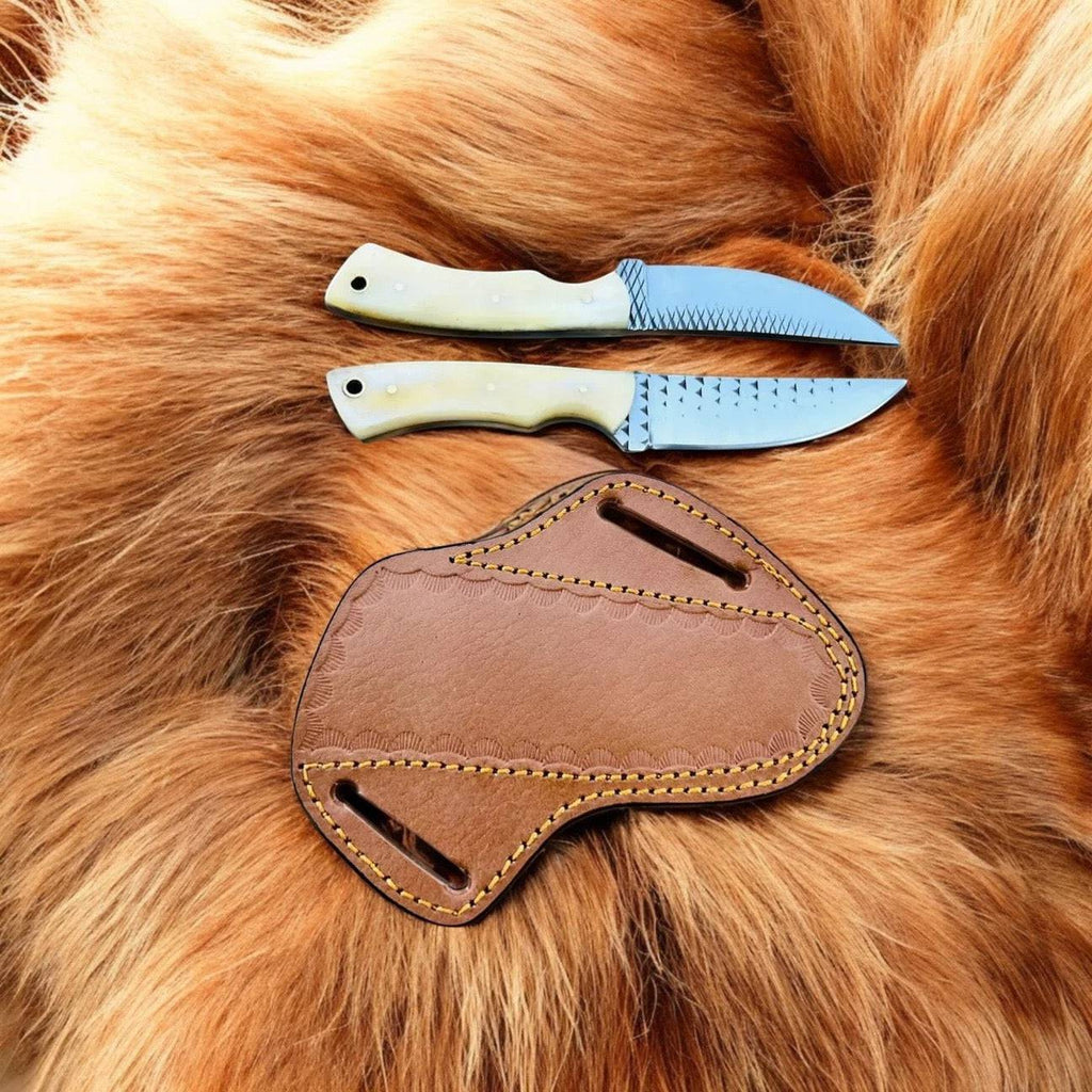 Pair of CSK Forged camel bone fixed blade skinning knives with leather sheaths, ideal for EDC outdoor and hunting activities.