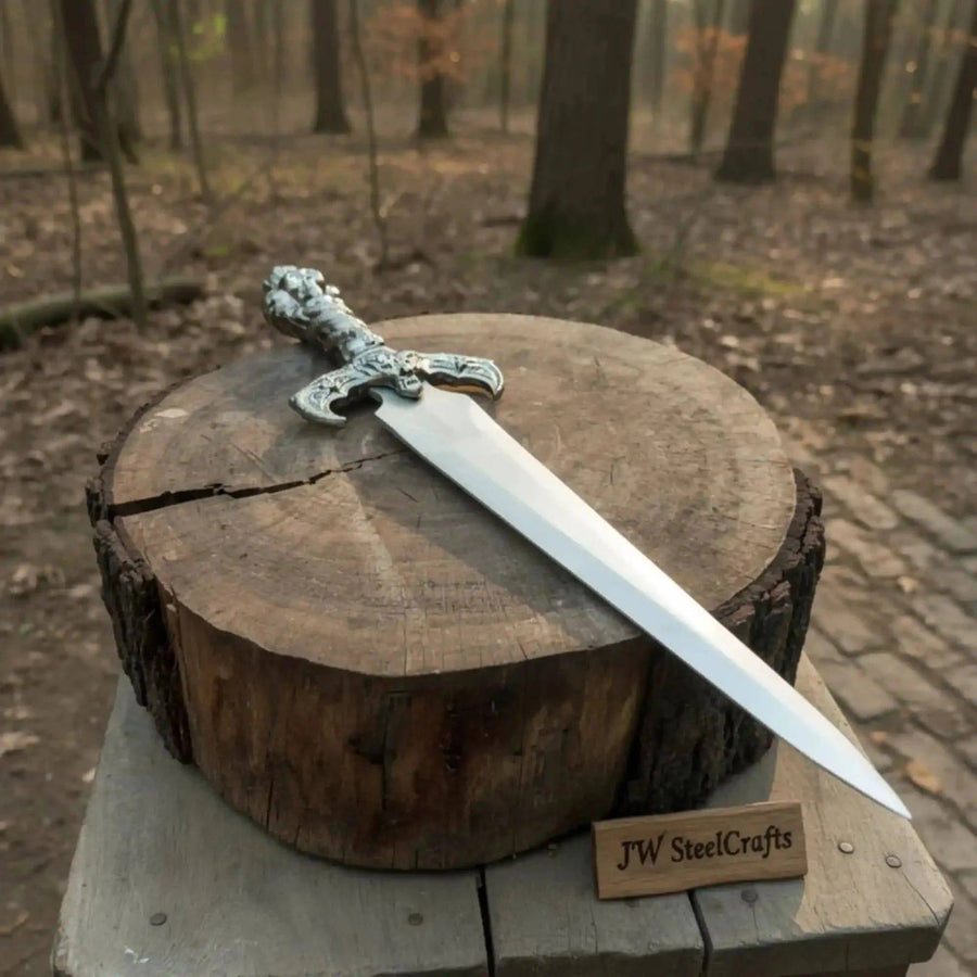 Handmade medieval fantasy short sword with polished steel blade and gothic cross hilt, ideal for collection, cosplay, or display.